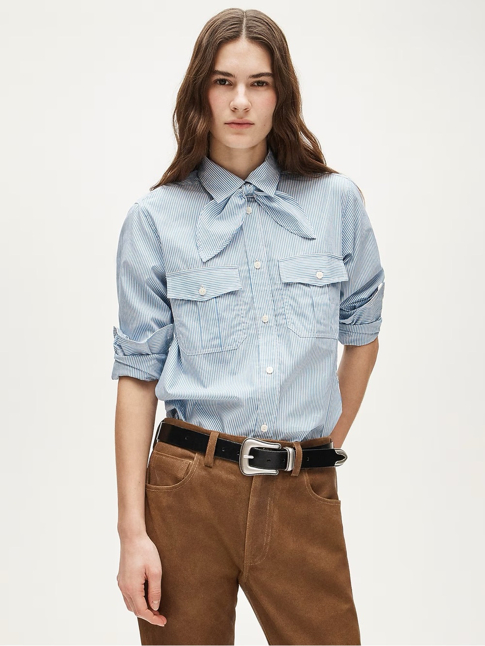 J. Crew Light Blue Pinstripe Tie-Neck Shirt